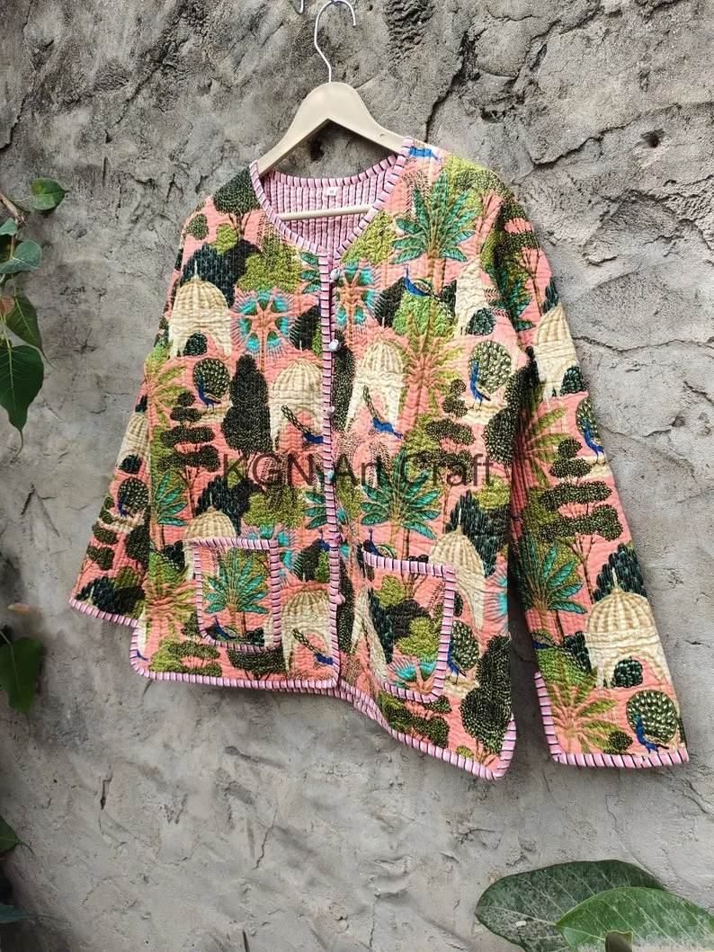 Indian Village Print Jacket Coat women Kimono Robe style Beach wear bohemian winter jacket Short Quilted kantha jacket gifts