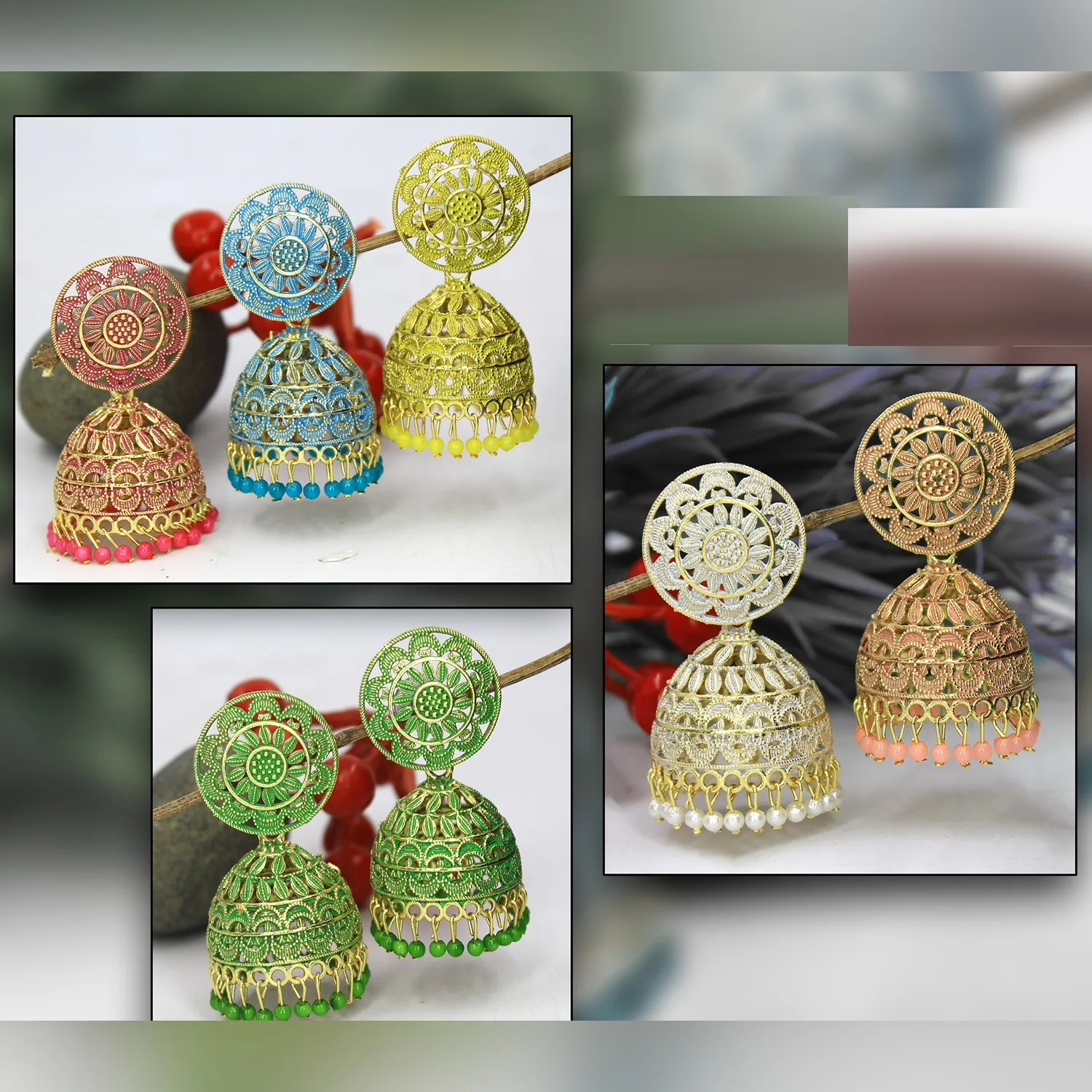 Earrings Meenakari designer colorful beads indian style premium quality jumkha bali hoop earrings for women Earchain earring