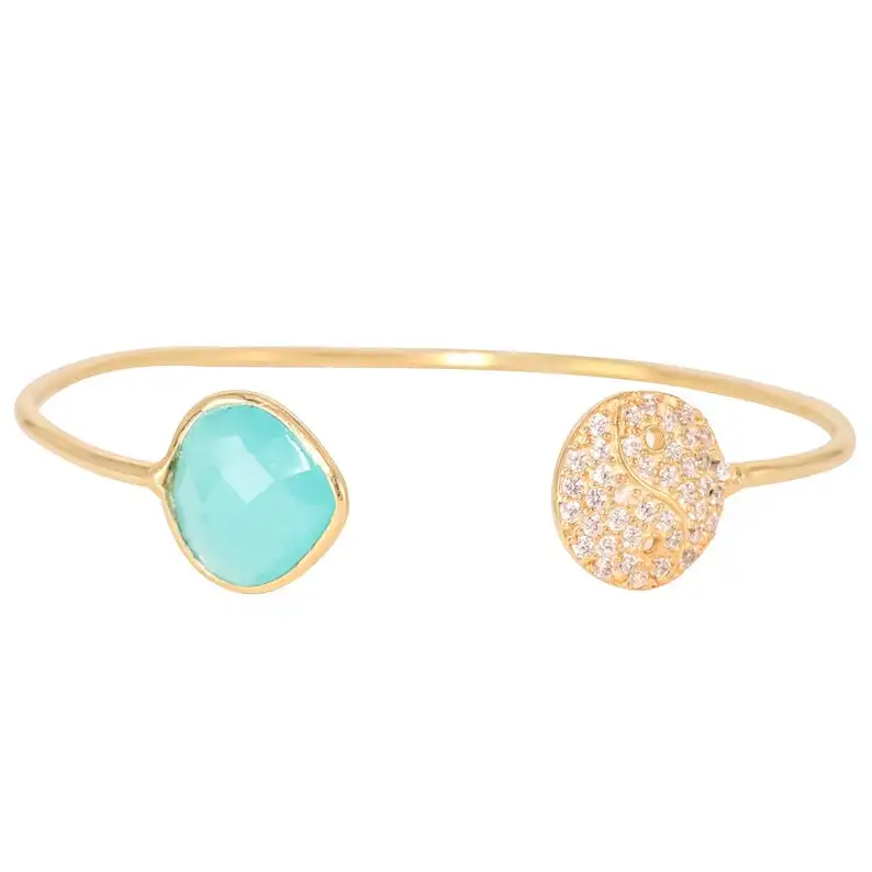 Bohemian Dream Gold Bangle Bracelet with Aqua gemstone and Round Diamonds