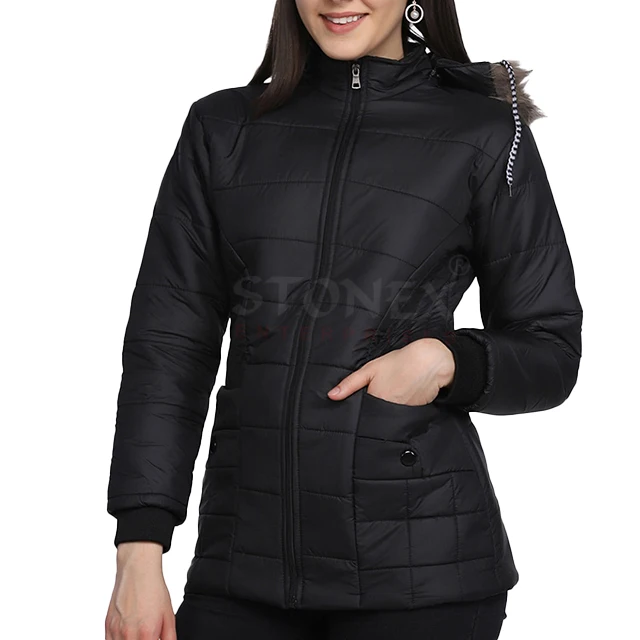 Customized Black Hooded Bomber Jackets For Women Latest Design Best Quality Quilted Jackets