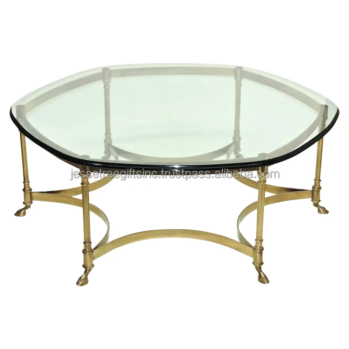 Metal Sheet Strips Accent Table With Antique Gold Finishing Grass Design Excellent Quality With Round Glass Top For Living Room