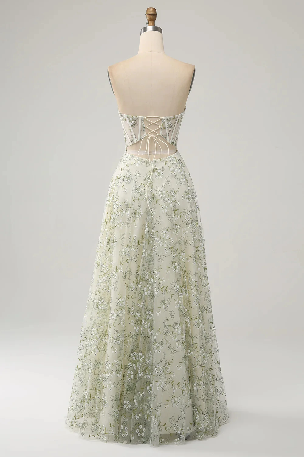 Elegant A-Line Light Green Corset Slit Prom Dress with Embroidery See Through Strapless Long Evening Dress with Lace-Up Back