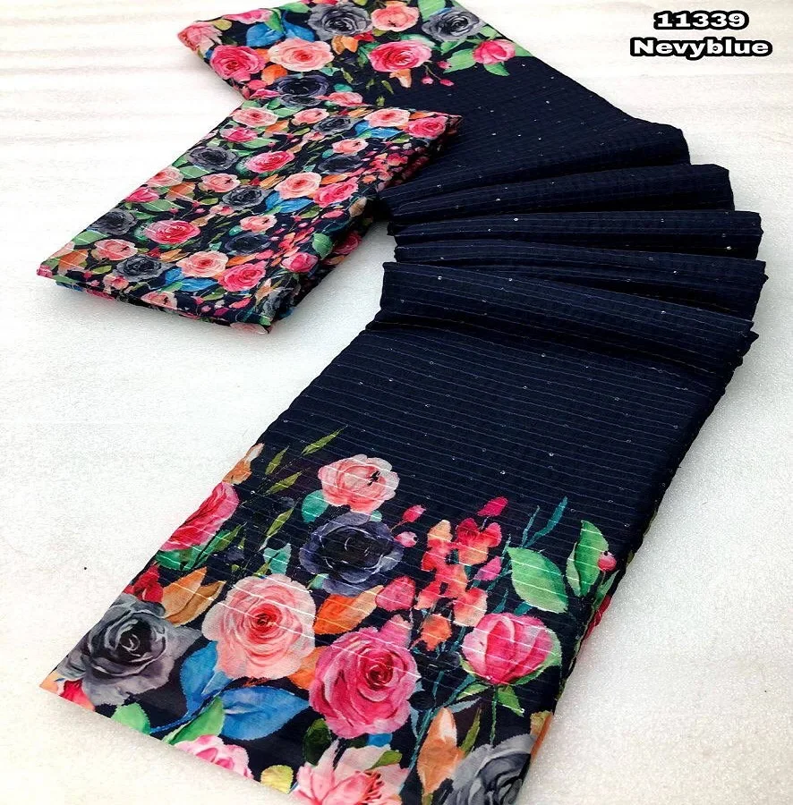 Indian designer GEORGEET WITH DIGITAL PRINT DESIGN WITH CROSEK SEQUENCE DESIGN WORK Saree