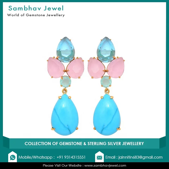 Fashionable Jewelry 925 Sterling Silver Natural Chalcedony And Rose Quartz Gemstone Gold Plated Women Wholesale Price Earrings