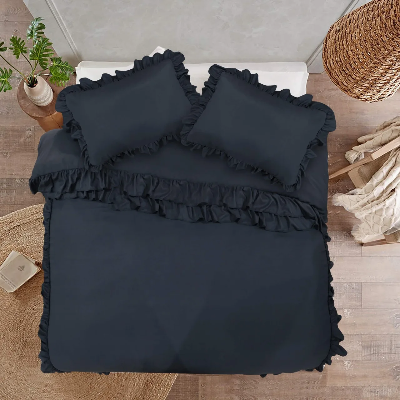 New Cheap Wholesale Ruffled style Grey Duvet set Microfiber duvet cover custom OEM ODM solid color for bedroom