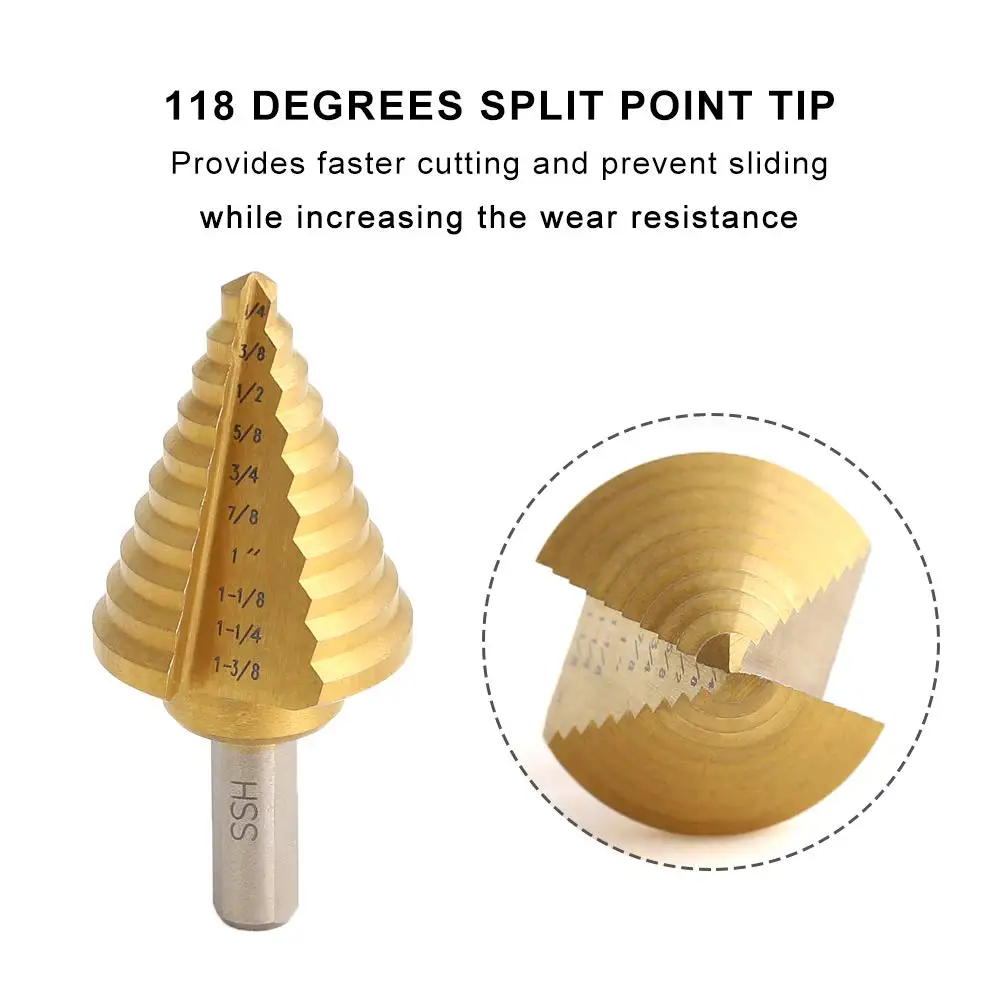 Step Drill Bit Set & Automatic Center Punch- Unibit, Titanium Coated, Double Cutting Blades, High Speed Steel,