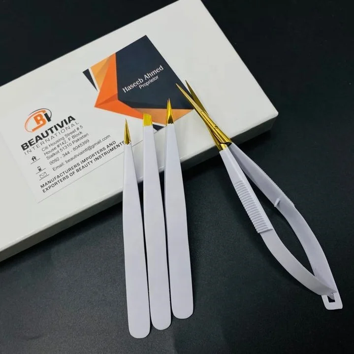 White Powder Coated Gold Tip Brow Tweezer Solid Slanted Stainless Steel Eyebrow Tweezers With Spring Scissor