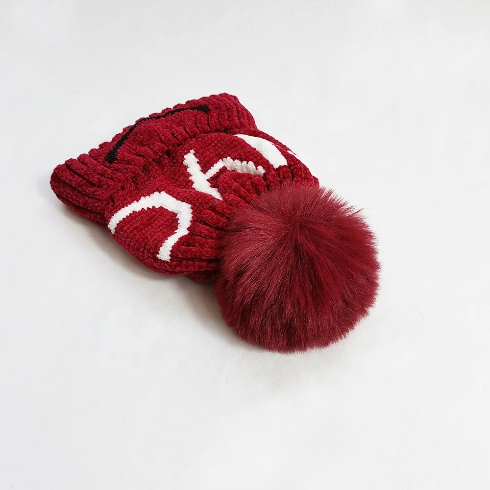 Kids Winter Chenille Knitted Skull Cap NYC Jacquard Letters Fashion Pom Pom Toque Boy Girls Soft Warm Cuffed Beanie Hats