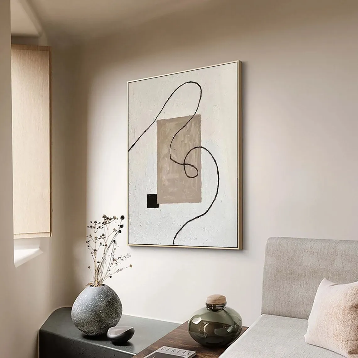 White and Brown Minimalist Painting Black Texture Wall Art Abstract Painting on Canvas Wabi-sabi Wall Art for Living Room