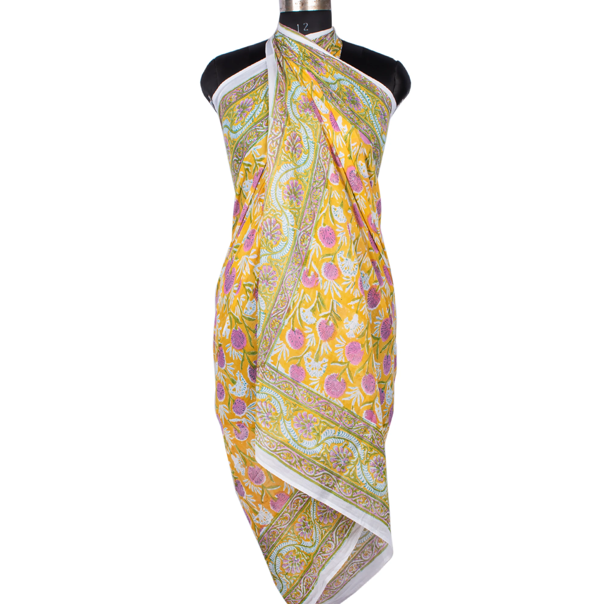 Winter Floral Block Printed Cotton Scarf Handmade Yellow Indian Stole Scarves-Summer Pareo Beach Sarong Swim Cover Ups Wholesale