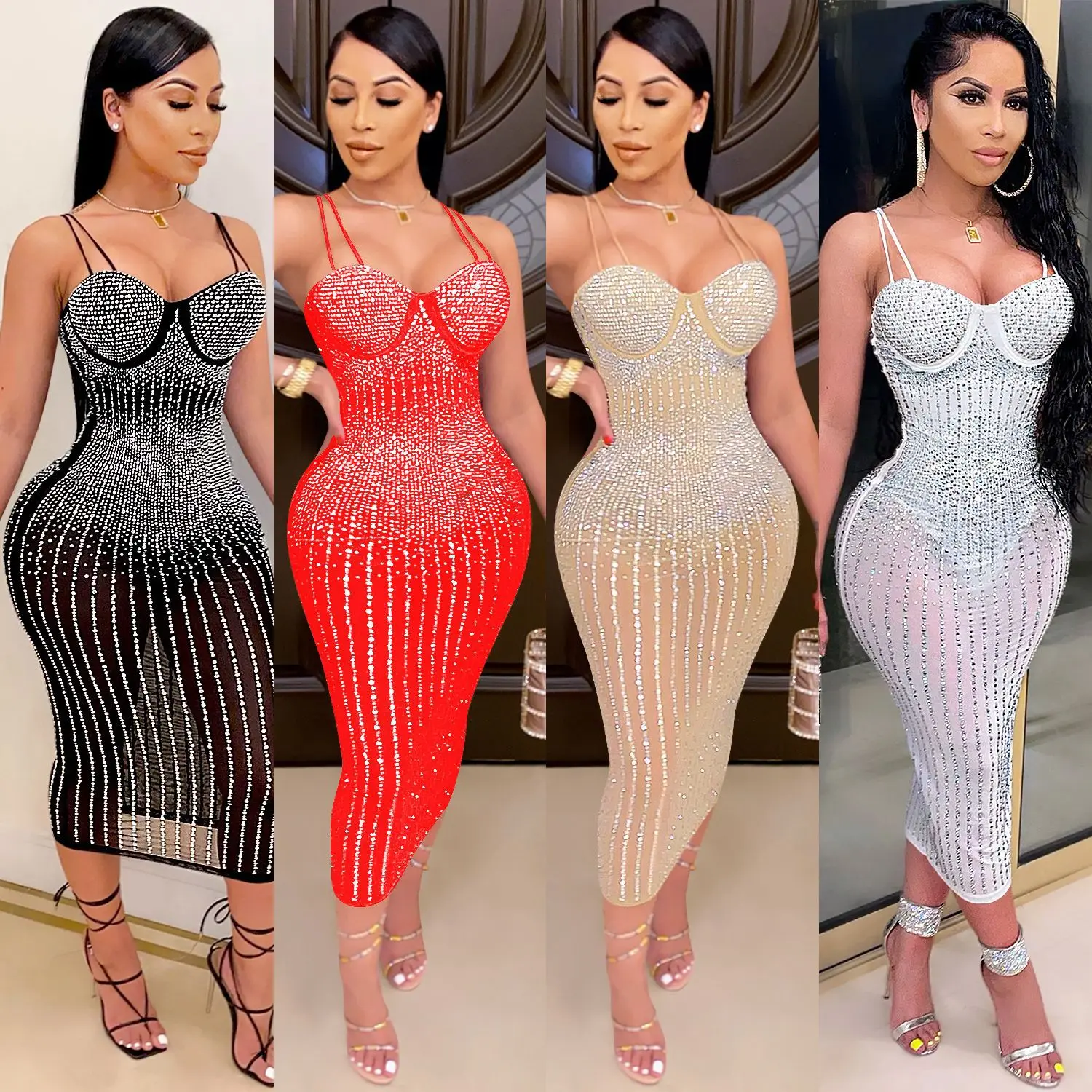 C897  Custom  Stock hot style dress pleated pink diamond long dresses women lady clothes mature ladies Sleeveless party dress