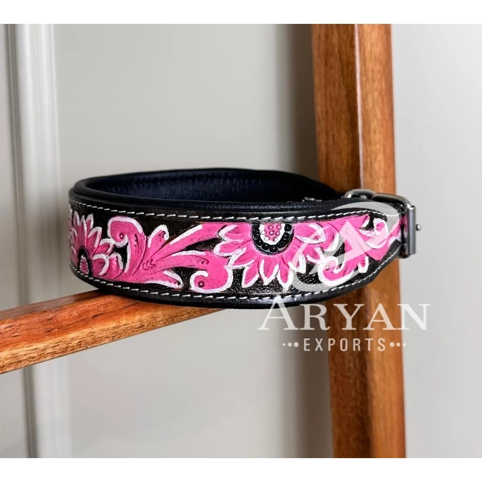 Hand Tooled Leather Dog Collar Pink Sunflower Genuine Cow Leather Small Medium Large Dog Collars Durable Comfortable Dog Collars