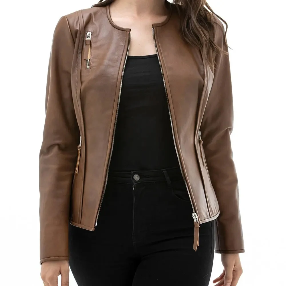 Customized High Quality Ladies Black Pu Leather Jacket Long Sleeves Coats Faux Leather Textured Waterproof Leather Jacket