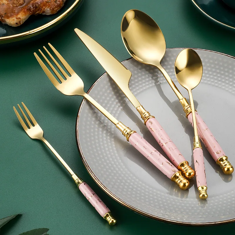 Luxury golden Dinnerware daily used stainless steel tableware Gold Pink White Black Green simple handle Luxury flatware