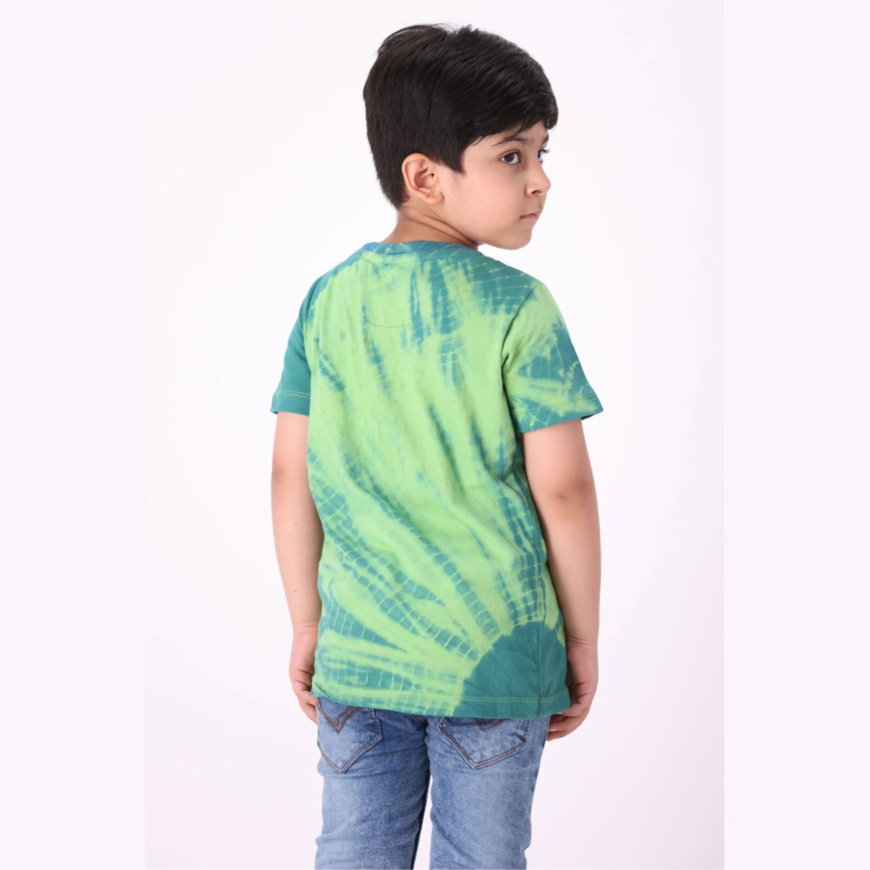 100% Knitted Pure Cotton Fabric Regular Length Round Neck Half Sleeves Parrot Tie and Dye T Shirt for Boys