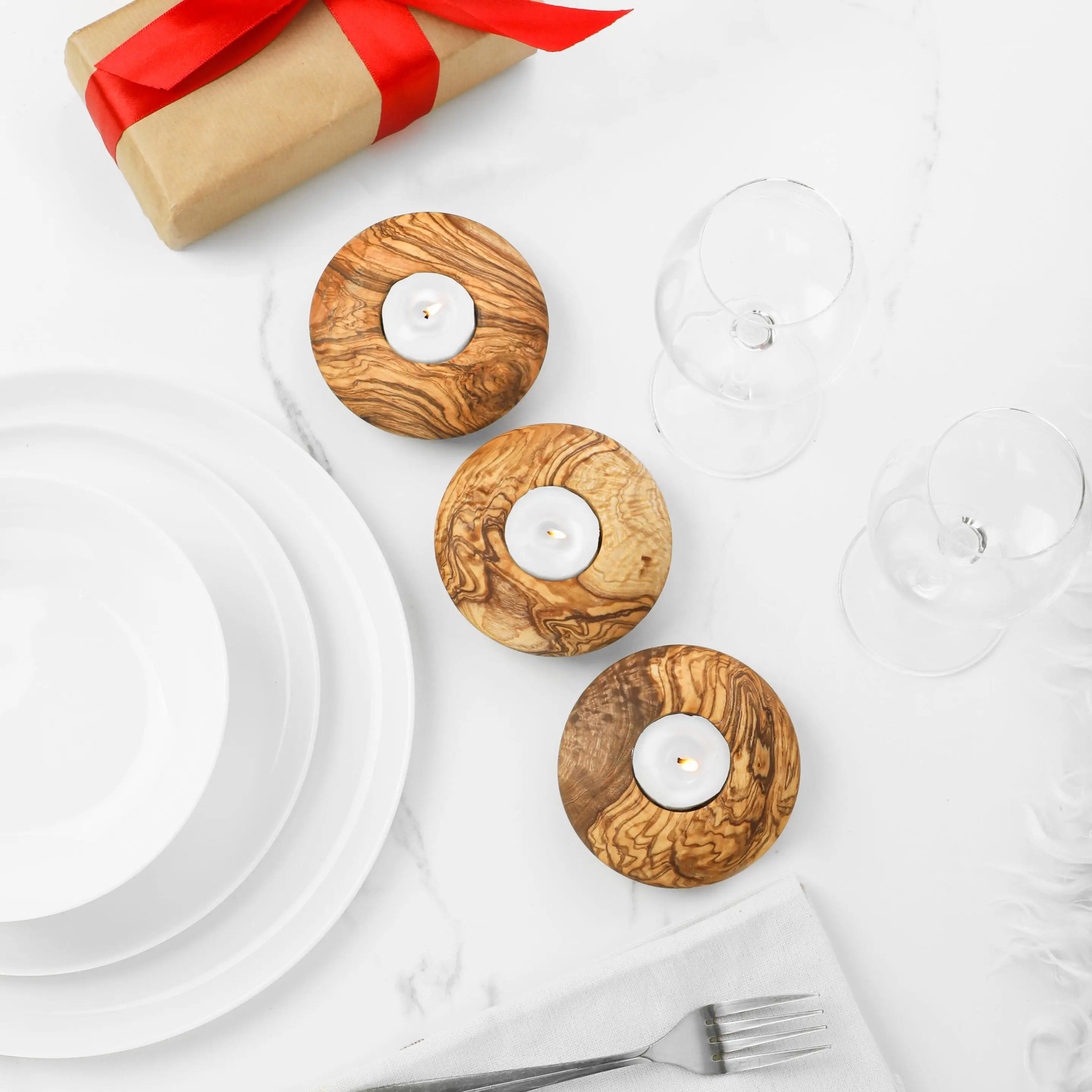 Handmade Olive Wood Tea Light Candle Holder - Natural Wooden Rustic Decor for Home Eco-Friendly Candle Display