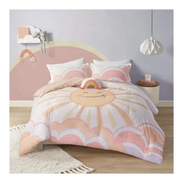 Attractive Dreamy Happy Sunshine Embroidered Duvet Cover Queen Microfiber Comforter Cover For Kids Teens Adults Bedroom Decor