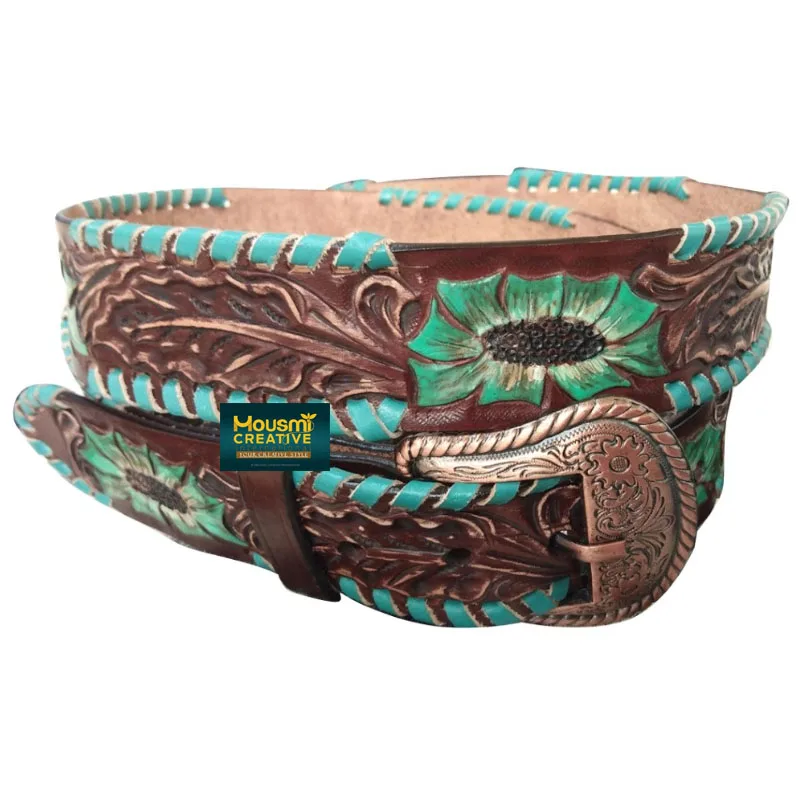 Custom Colour Lace Braided Hand Tooled Leather Belt Western Style Cowhide Leather Engraved Unisex Fashion Belts OEM Supplier