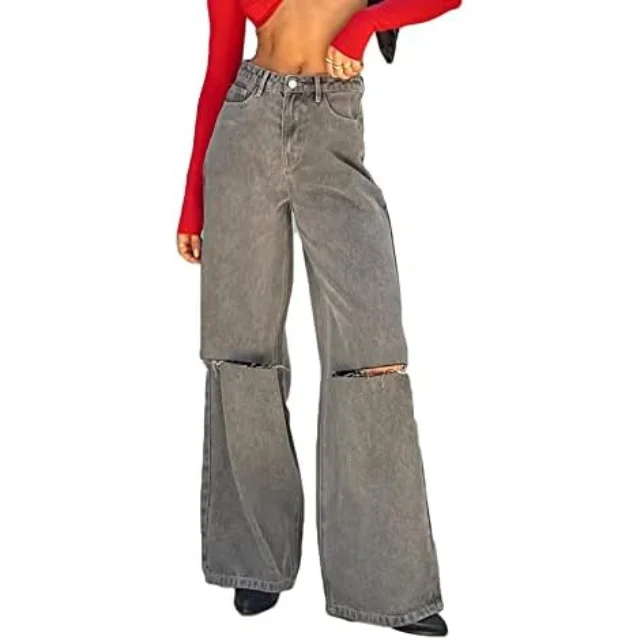 Vintage Girl Streetwear High Pants Breathable Mid Casual Dresses Pocket Wide Leg Denim Jeans Straight Casual Loose Baggy