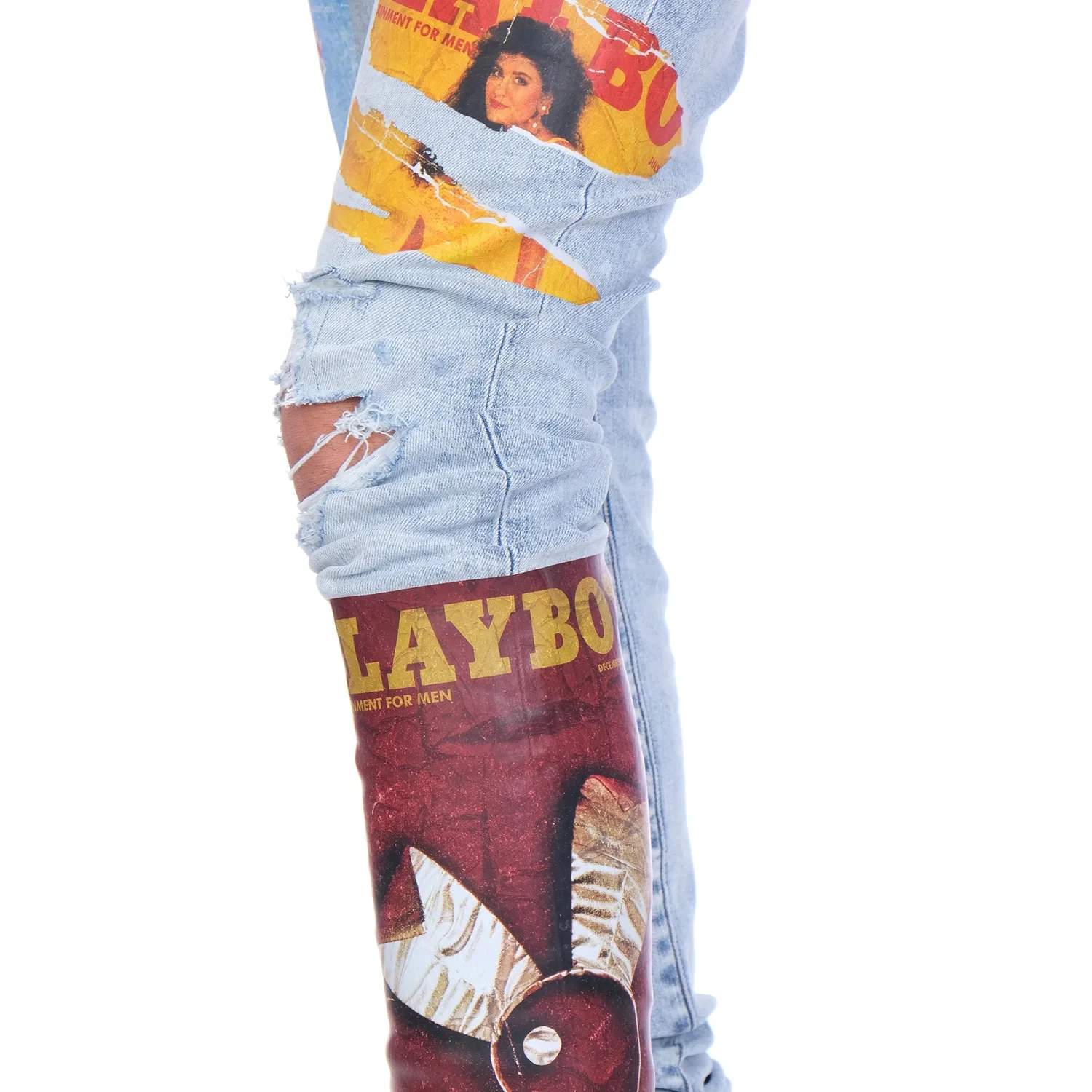 Custom Patched Distressed Slim Fit Pants For Man Washed Ripped Print Denim Jeans Men