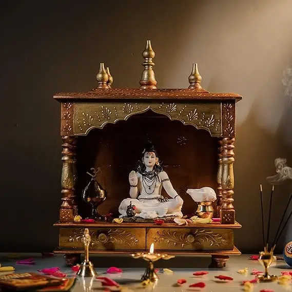 Handpainted Wooden Home Temple, Mandir For Home, Office and Gift, Pooja Mandir With Door, Home Mandapam for Pooja Religious