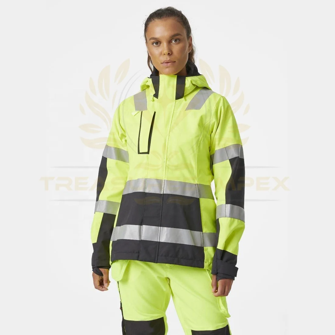 Workwear women hi vis shell jacket chest pocket with YKK zipper with adjustable cuffs and detachable hood