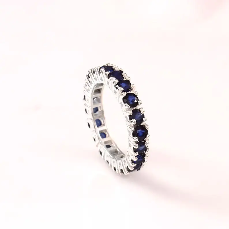 Blue Sapphire Eternity Wedding Band For Women Round Cut Blue Sapphire Engagement Band Ring size 6.5 US Promise Ring
