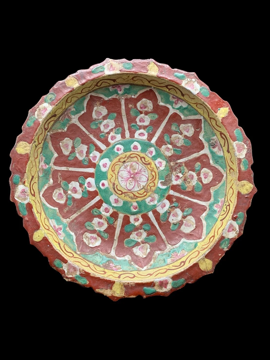 Antique Benjarong Ceramic Stem Dish Decorated With A Floral Design With In Lotus - Petal Shape Panels On Red Ground For Collect