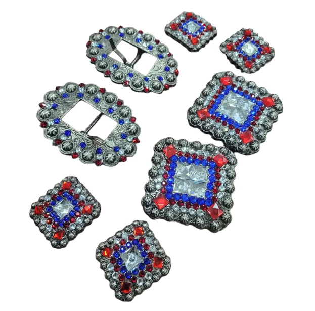 Rhinestone Decorated Square Conchos Oval Shape Buckles for Horse Tack Human Clothing & Belt Silver Saddle Western Saddle Conchos