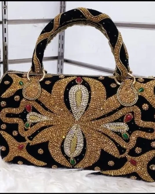 Black Base Gold Glass Beads Hand Purse Evening Shoulder Bag New Style Luxury Genuine Stylish Evening Purse Clutch Bag From India