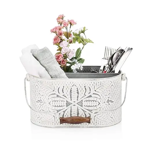 Best Selling Decorative White Floral Design Galvanized Metal Spoon Organizer Kitchen Utensil Storage Wooden Handle Pot Clips