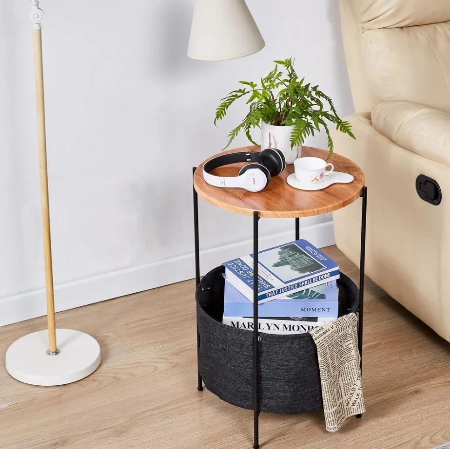 Modern Black Metal Frame Side Table Coffee Side Table with Fabric Storage Basket Round Bedroom Bedside Table