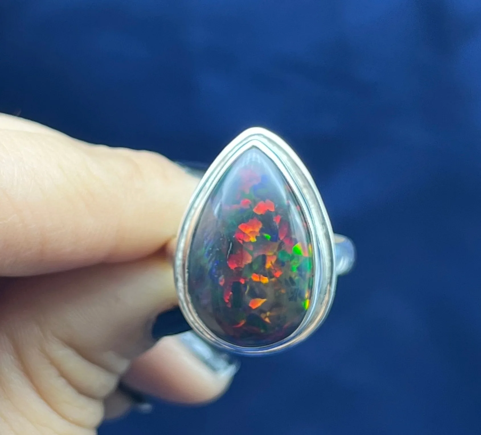 Natural Black Opal Silver Ring, Ethiopian Black Opal Gemstone Ring For Women, Tear Drop Black Opal Ring For Wedding