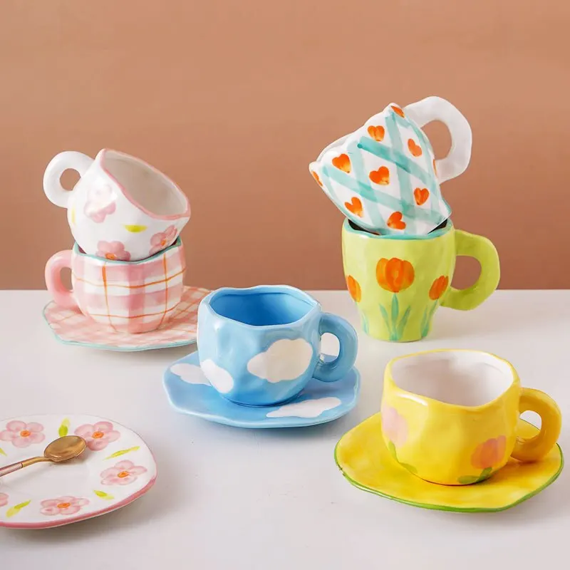 New Product Wholesale INS Handmade Ceramic Coffee Cup and Saucer Set Irregular Breakfast Milk Tea Coffee Mug Ceramic