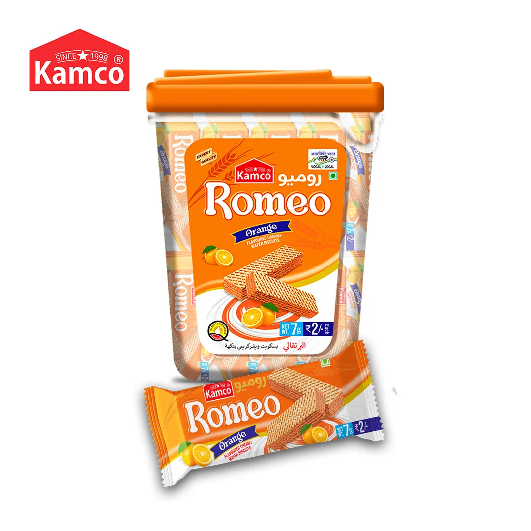 Export Quality and Best in Taste Kamco Romeo Orange Flavour Creamy Wafer Biscuit Container Packaging