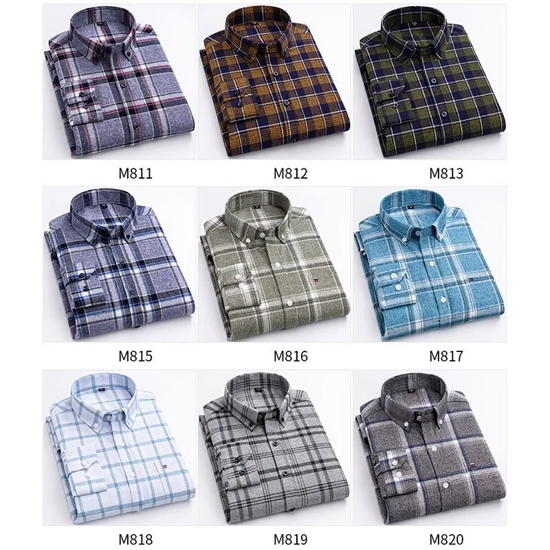 Brand 100%Cotton Checkered Casual shirts for Men Warm Long Sleeve Plaid Shirt Winter soft Striped Male comfortable shirt