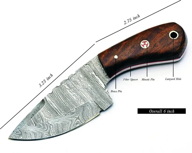 Custom handmade 6 inches Damascus steel fix blade rose wood handle full tang knife with free fancy original cow hide leather