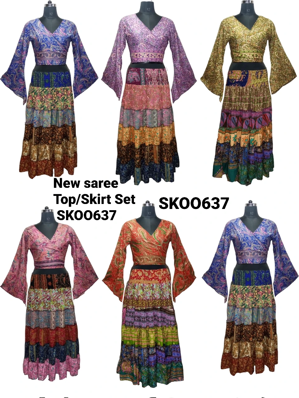 Indian boho vintage style casual Nw silk saree frill Top skirt Set modern designs and fancy style boho frill saree skirt