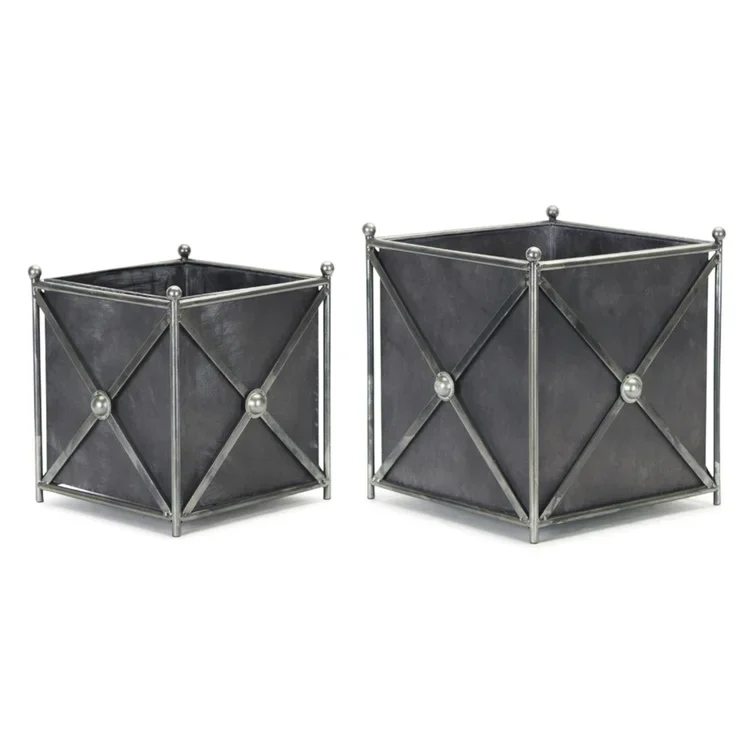 Good Quality cheapest Modern Square with Crossed Metal Sides Strips in Dark Gray Galvanized Planter Box For Outdoor Garden Decor