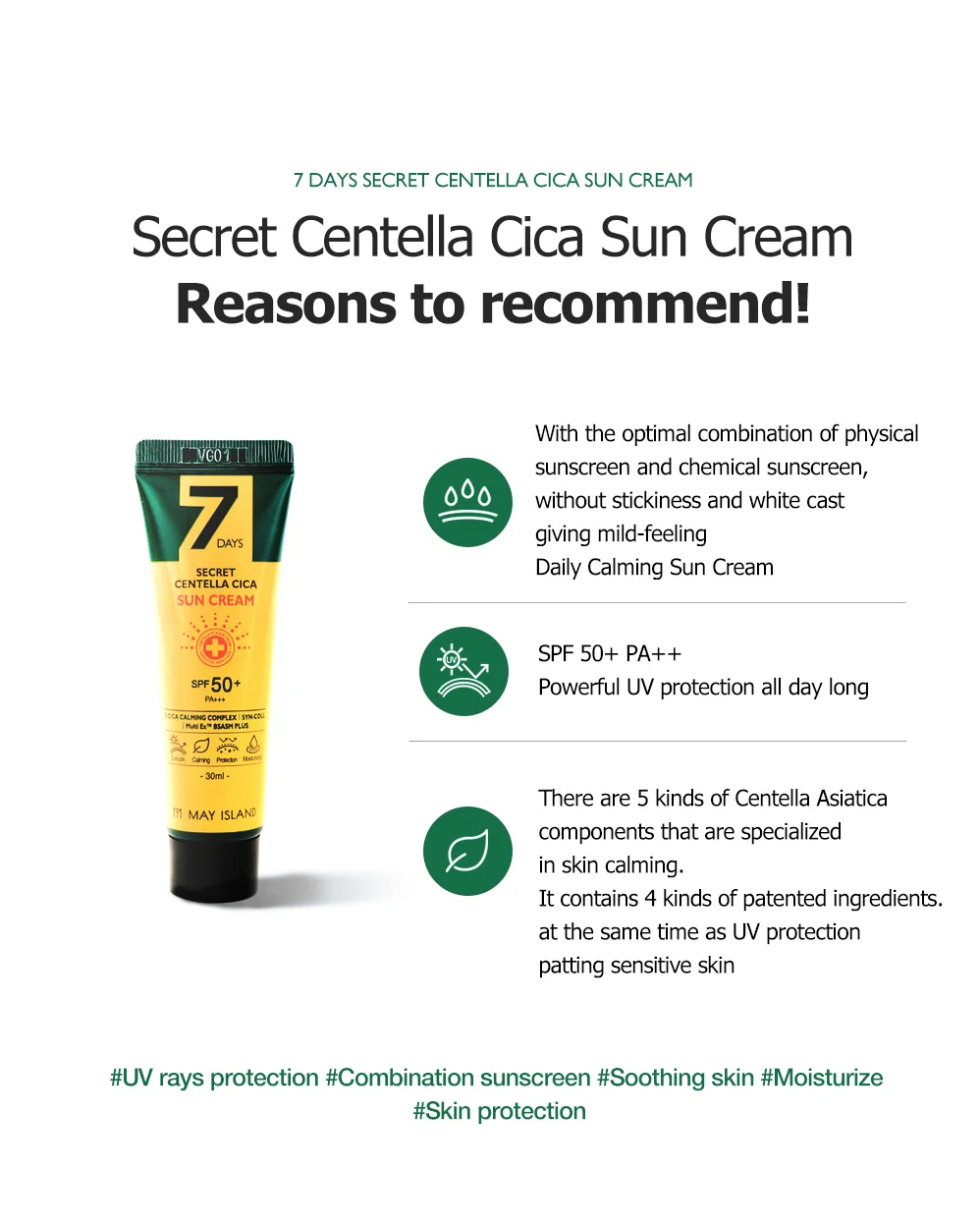 MAY ISLAND 7 Days Secret Centella Cica Sun Cream SPF50+ PA+++ 30ml [Acne|Cica|UV Proteciton|Sun Block|Moisturizing|UVA|UVB]