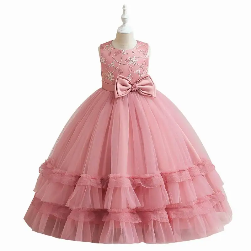 Wholesale Kids Long Gowns Baby Party Satin Flower Dress Wedding Birthday Dresses princess dress