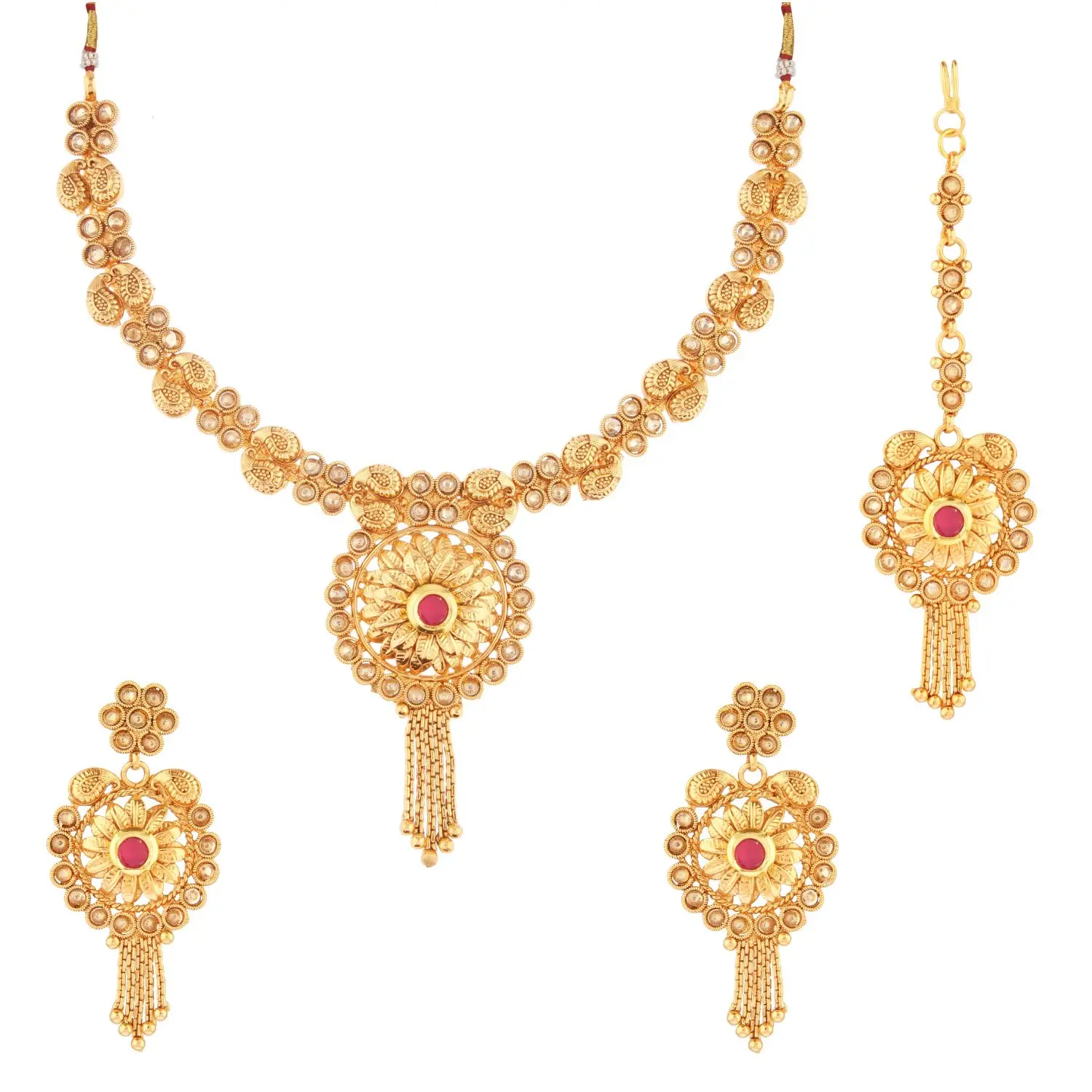 Indian Traditional Antique Gold Plated Floral Kundan Choker Necklace Dangle Earrings With Maang Tikka Jewellery Set, Pi