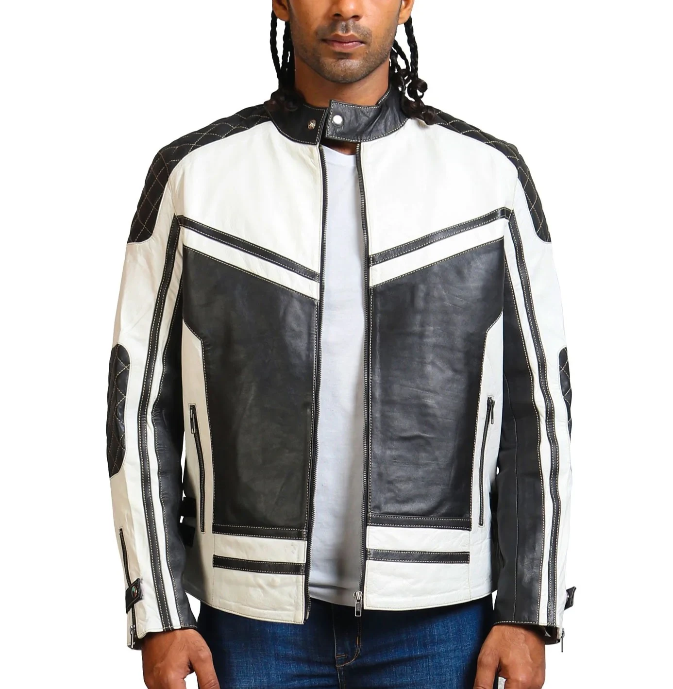 Men Motorbike Black And White Leather Biker Jacket With Quilted Design Men Motorcycle Jacket In Genuine Leather