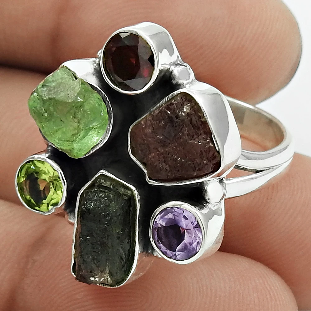 Popular bezel set Colorful pearl ruby garnet Special multi gemstone women ring jewelry manufacturer