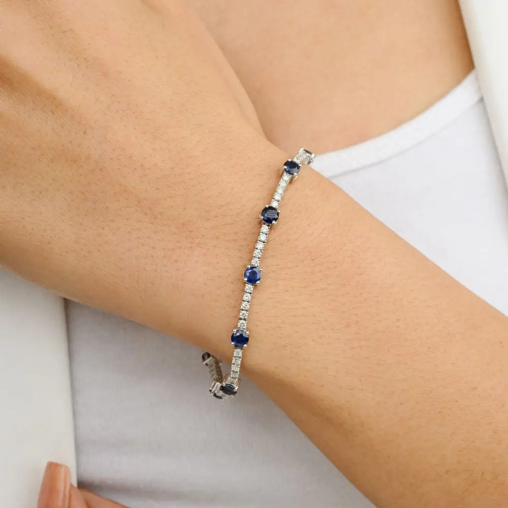 New Arrivals Latest Luxury Collection 100% Natural Blue Sapphire and Diamond Tennis Bracelet 18k White Gold Handmade Jewelry