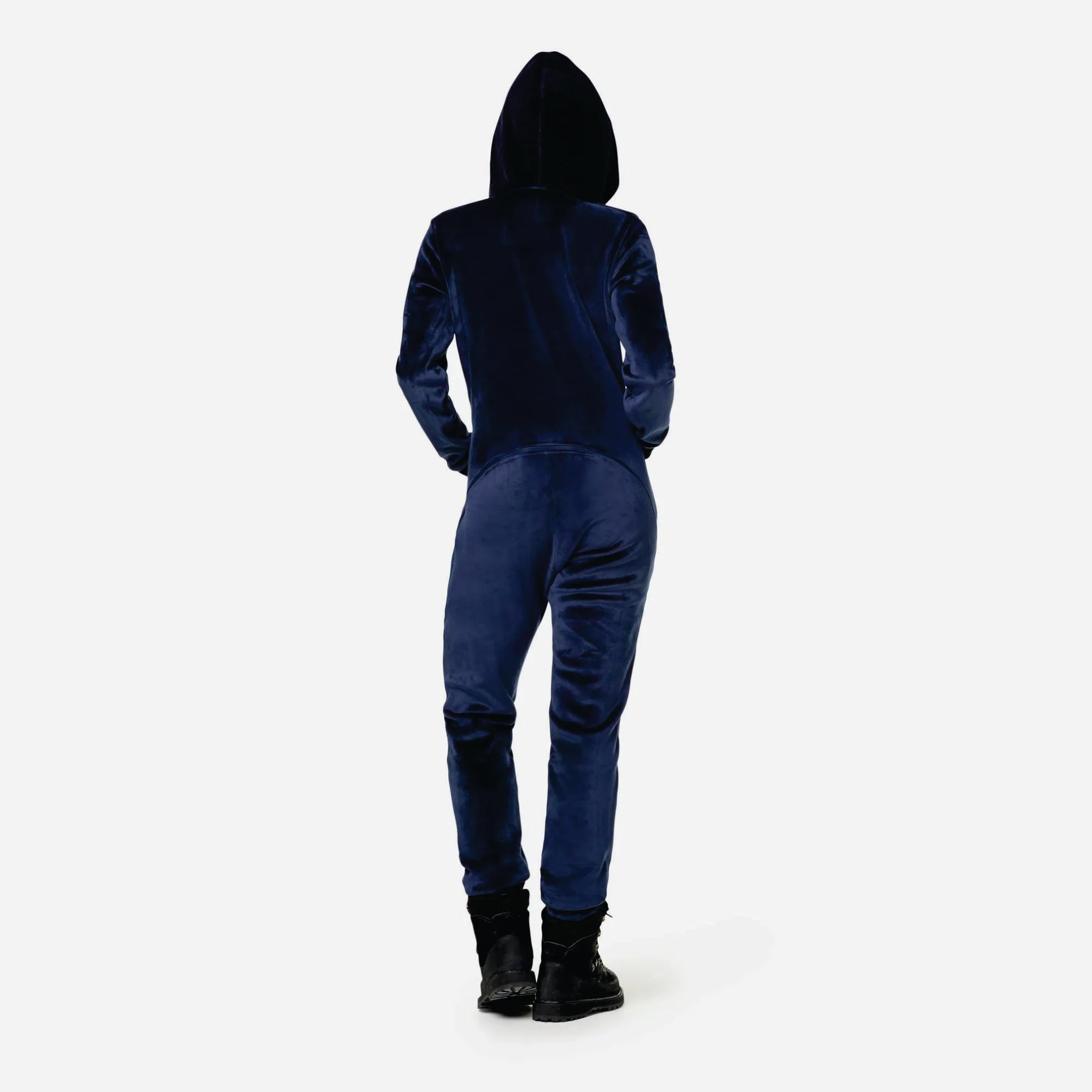 100% Polyester One Way Zipper Opening Front Kangaroo Pocket Navy Women Alps Soft Velvet Fitted Jumpsuit Cotton