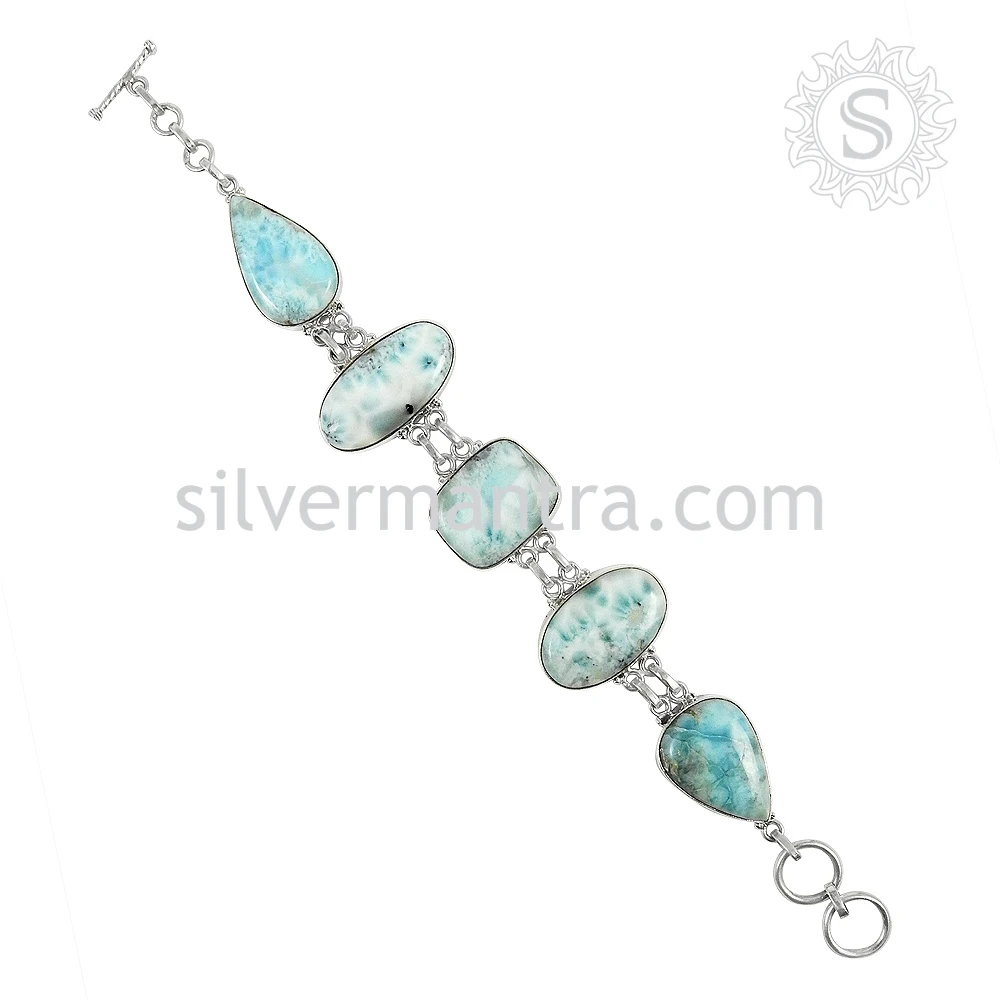Classic Style Big Stone 925 Sterling Silver Natural Larimar Gemstone Cabochon Shape Bracelet Handmade Jewelry Wholesale Supplier