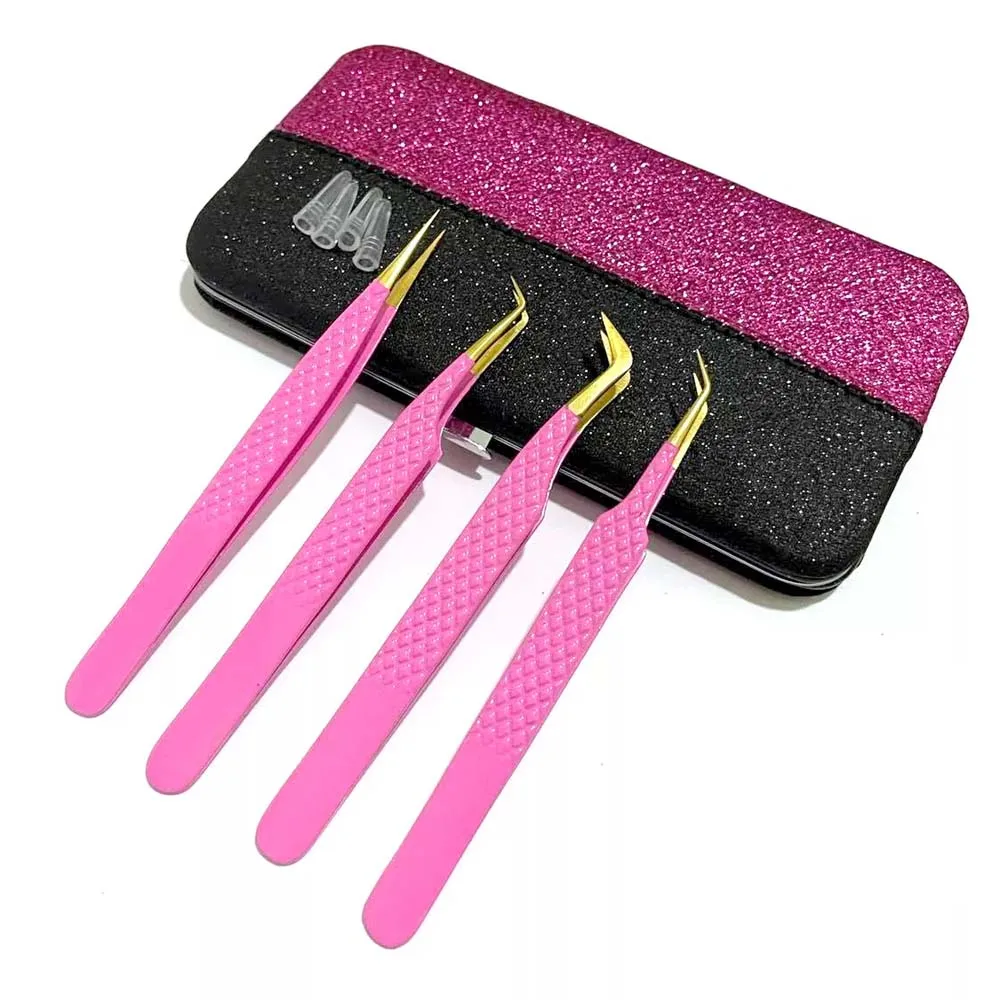 Fine Quality USA Best Selling Eyelash Tweezers Beautiful Flower Paper Printed Handle and Gold Tip with 3 & 6 Pieces Case