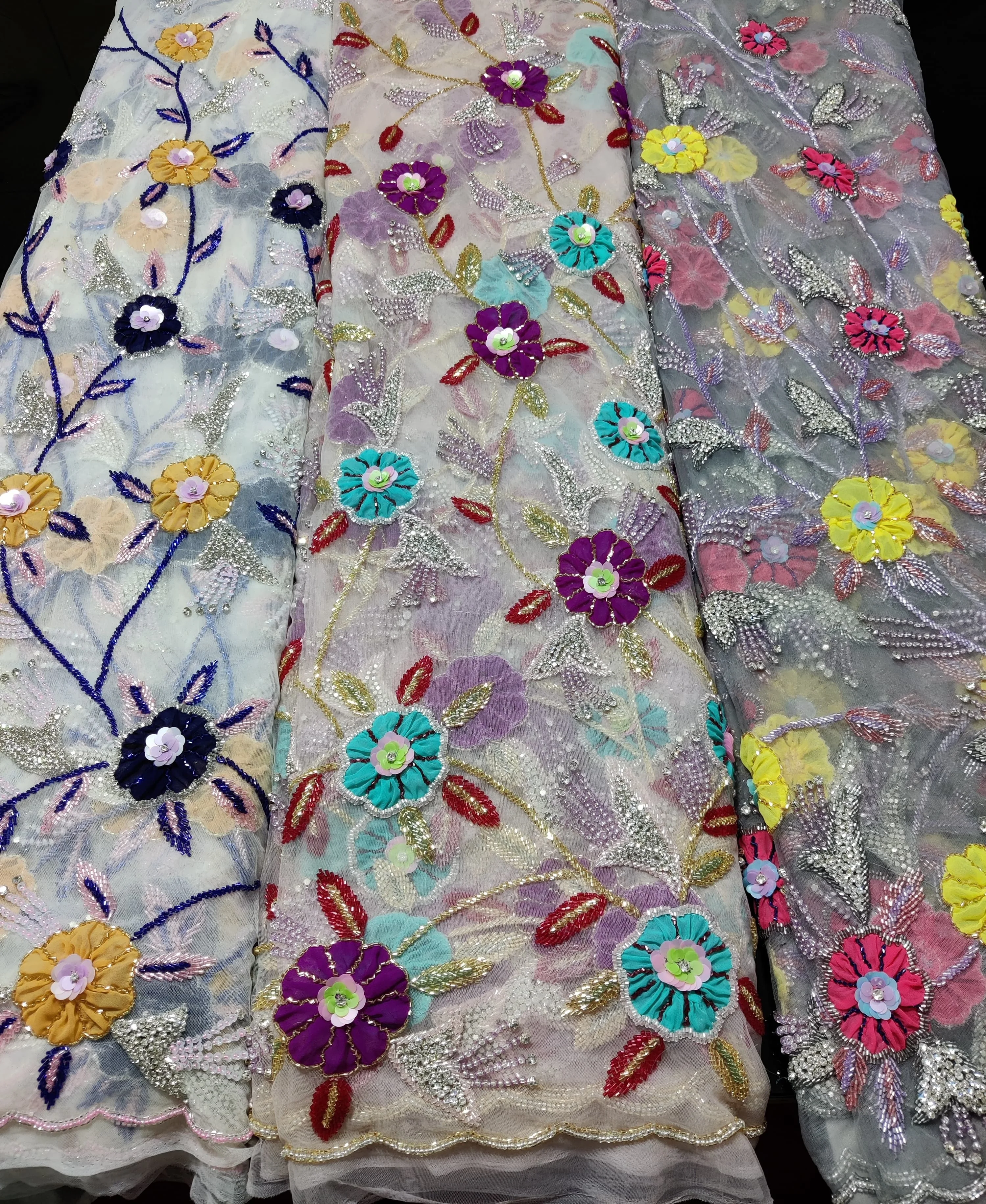 3D Hand Beaded Embroidered Net Fabric Luxury Beaded Fabric for garments