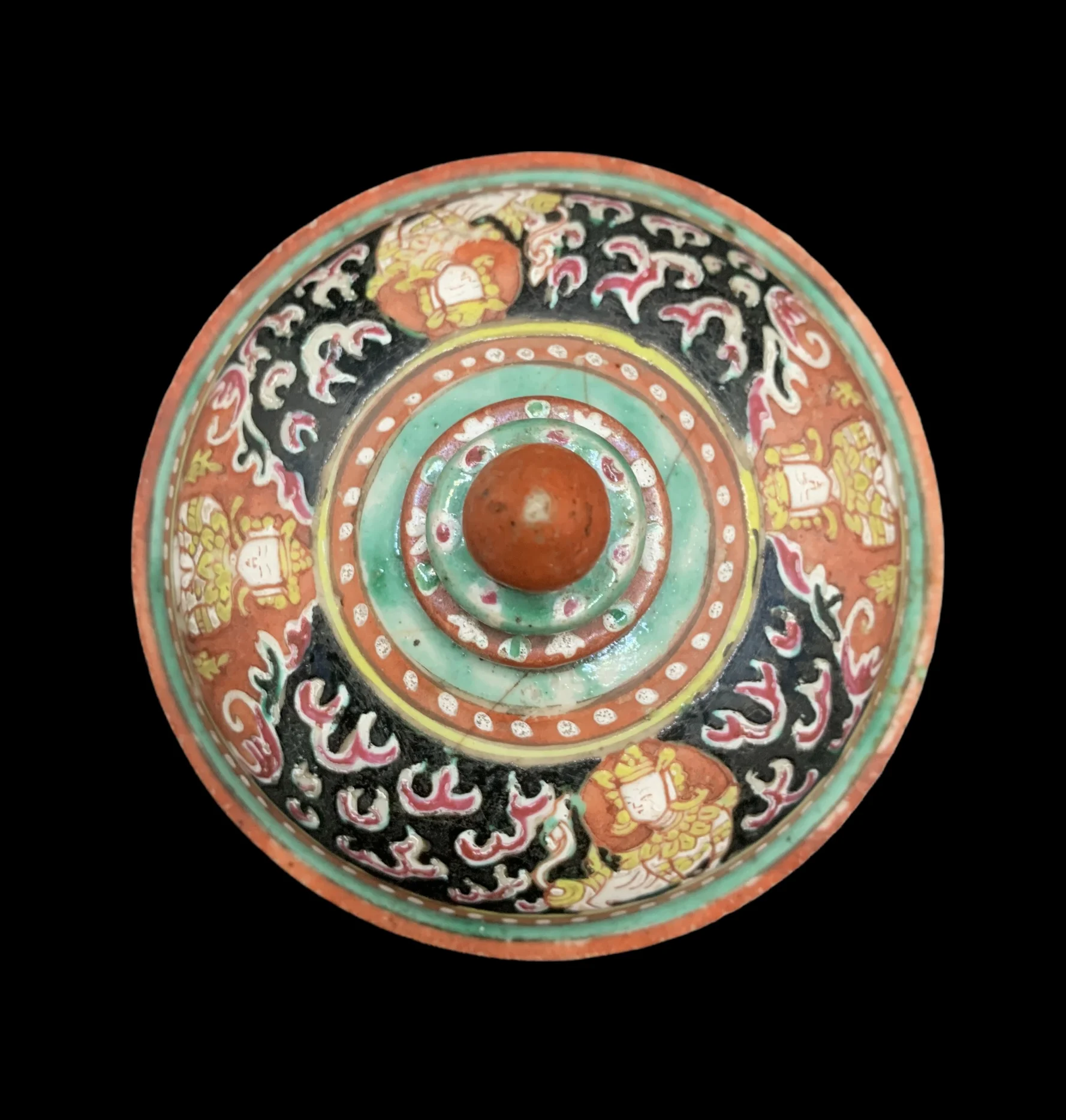 Antique Benjarong ceramic Covered Jar Painted With Theppanom Alter Nathing With Norasingha On Black Ground For Collectible